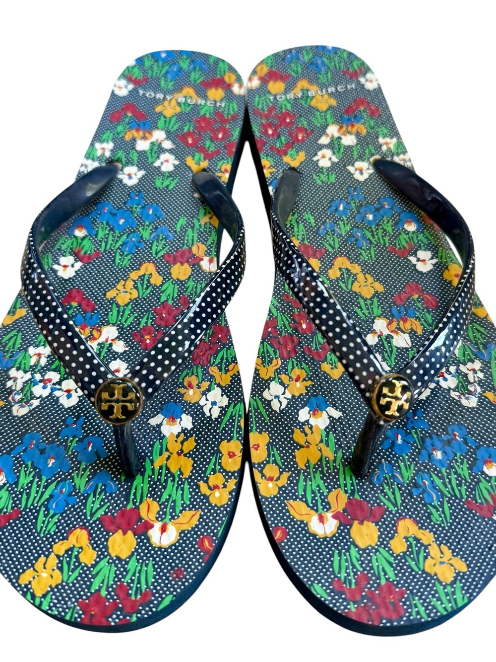 Tory Burch Flip Flops Navy Polka Dot Iris Garden Floral Size 9